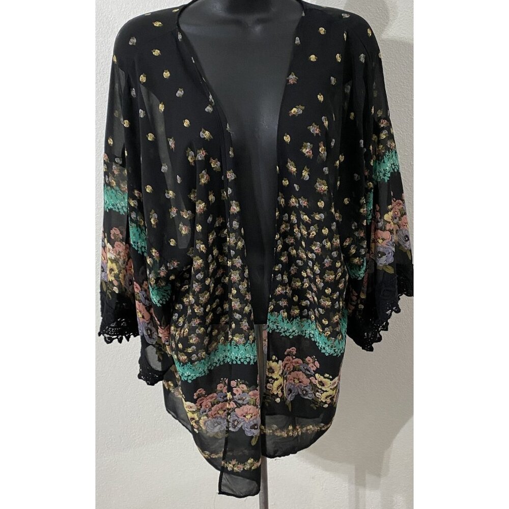 Paper Moon Womens Size Medium Cover Up  Blouse Open Black Floral